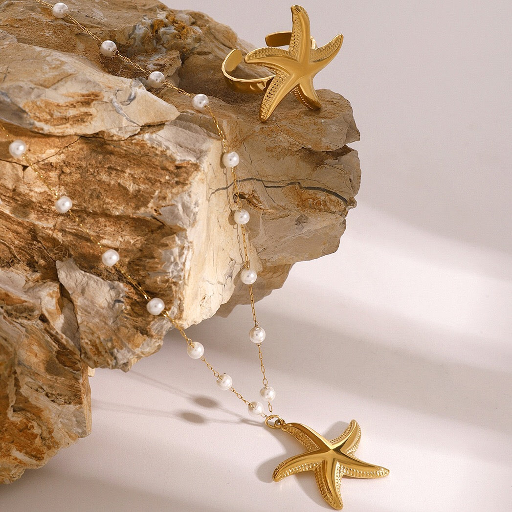 18K Gold Starfish Pearl Beaded Chain Pendant Necklace