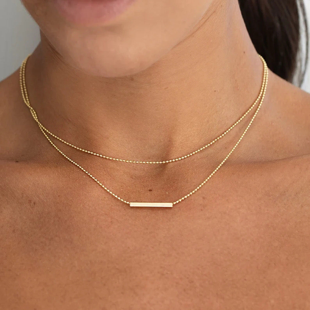 18K Gold Minimalist Bar Double Beaded Chain Layered Necklace