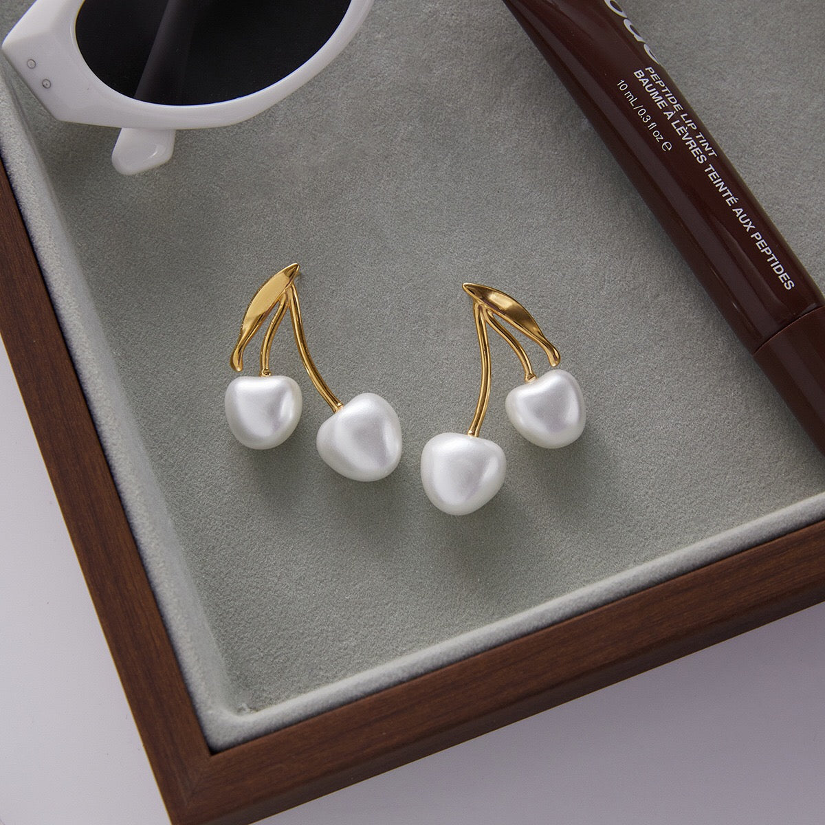 18K Gold Pearl Cherry Statement Dangle Stud Earrings