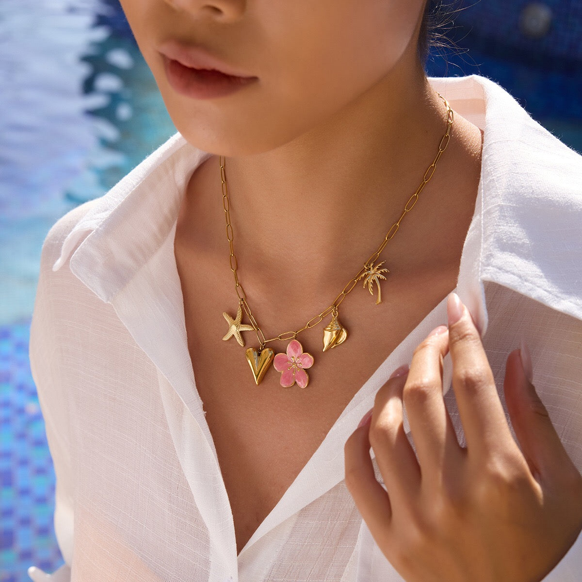 18K Gold Island Sunset Pink Flower Heart Palm Tree Summer Charm Necklace