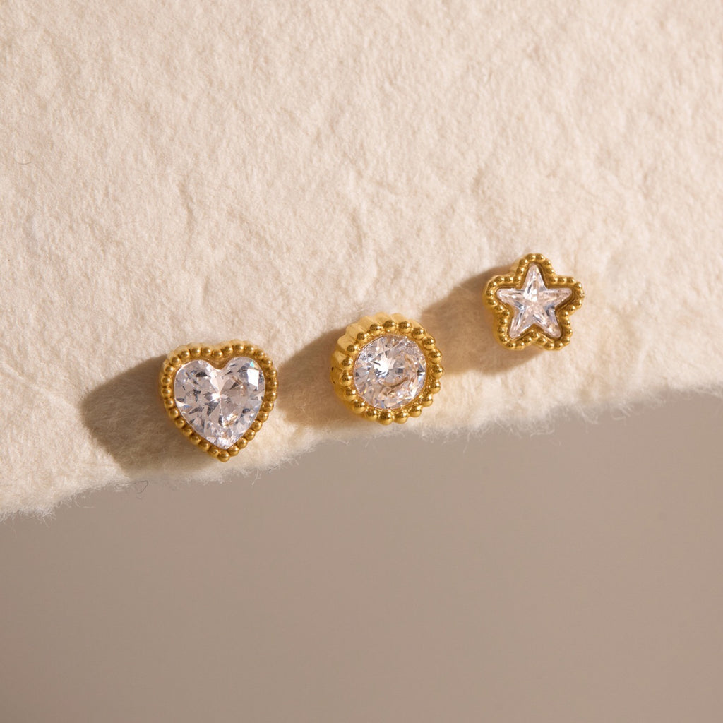 18K GoldLucky Charms Star Heart Flat Back Stud Nap Earrings Set