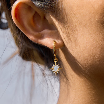 18K Gold Northern Star Opal Small Hoop Dangle Huggie Earrings