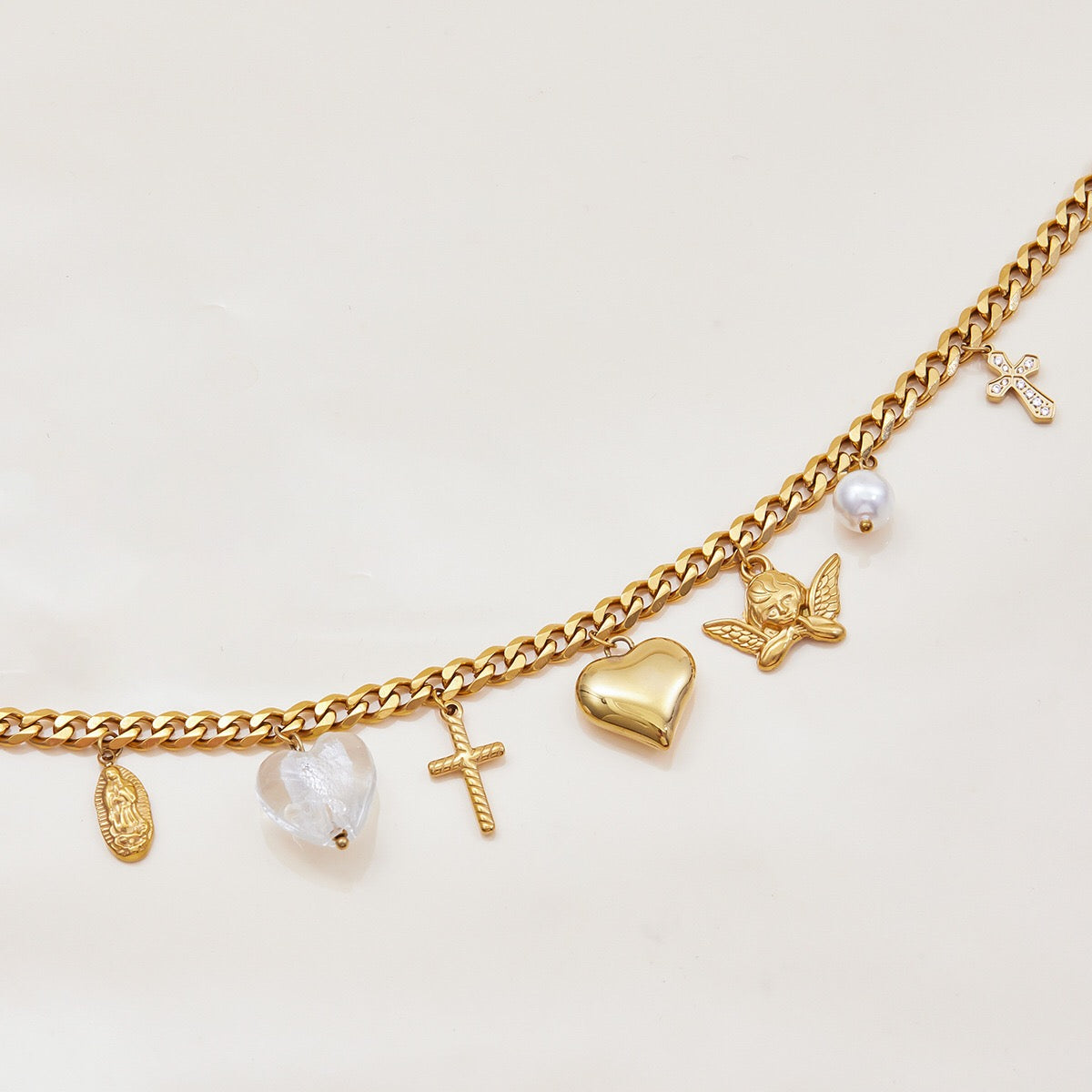 18K Gold Forbidden Cross Pearl Pendant Statement Layered Necklace Set