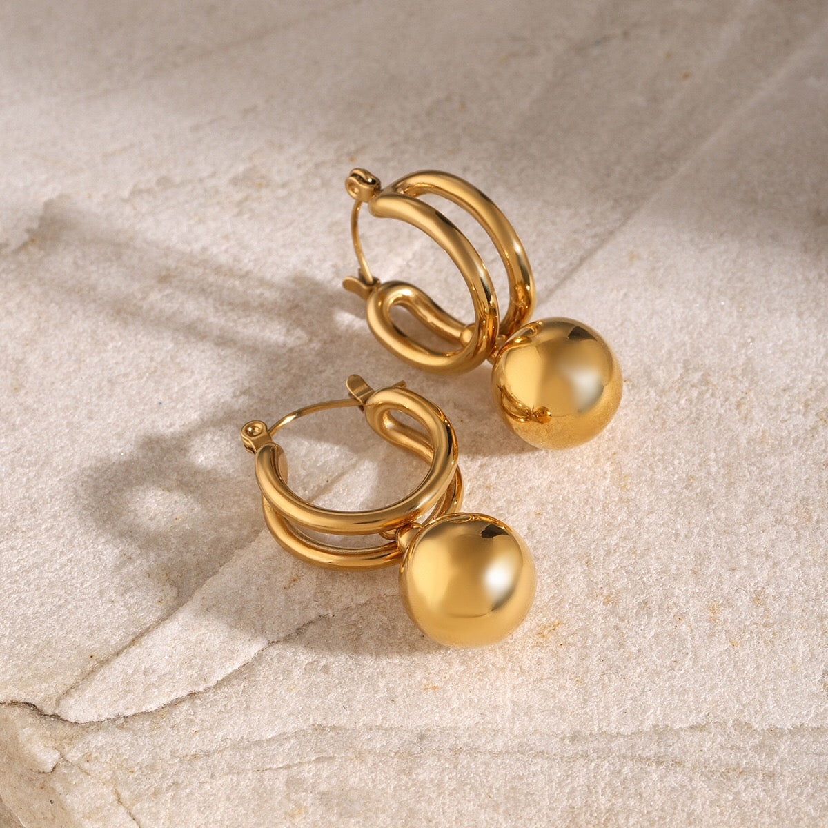 18K Gold Slideable Ball Drop Dangle Huggie Earrings