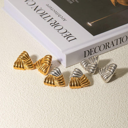 18K Gold Ribbed Triangle Statement Stud Earrings