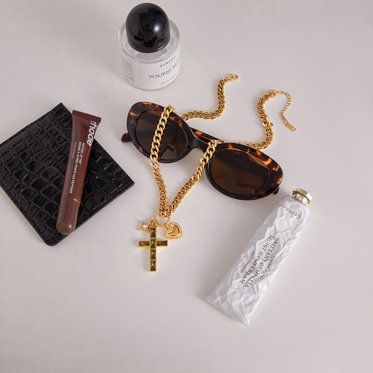 18K Gold Faith Divine Cross Heart Starburst Charm Cuban Link Chain Necklace