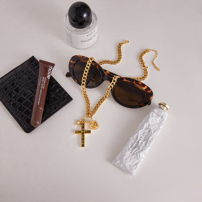 18K Gold Faith Divine Cross Heart Starburst Charm Cuban Link Chain Necklace