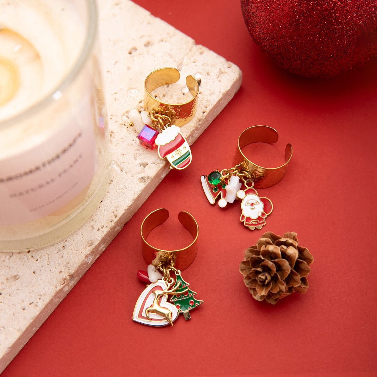 18K Gold Holiday Gleam Christmas Charm Statement Band Ring