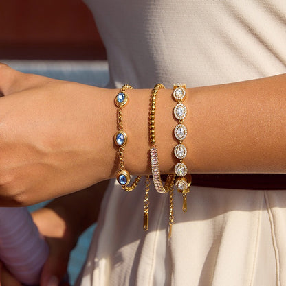18K Gold Blue Dynasty Bezel Tennis Chain Bracelet Stacks