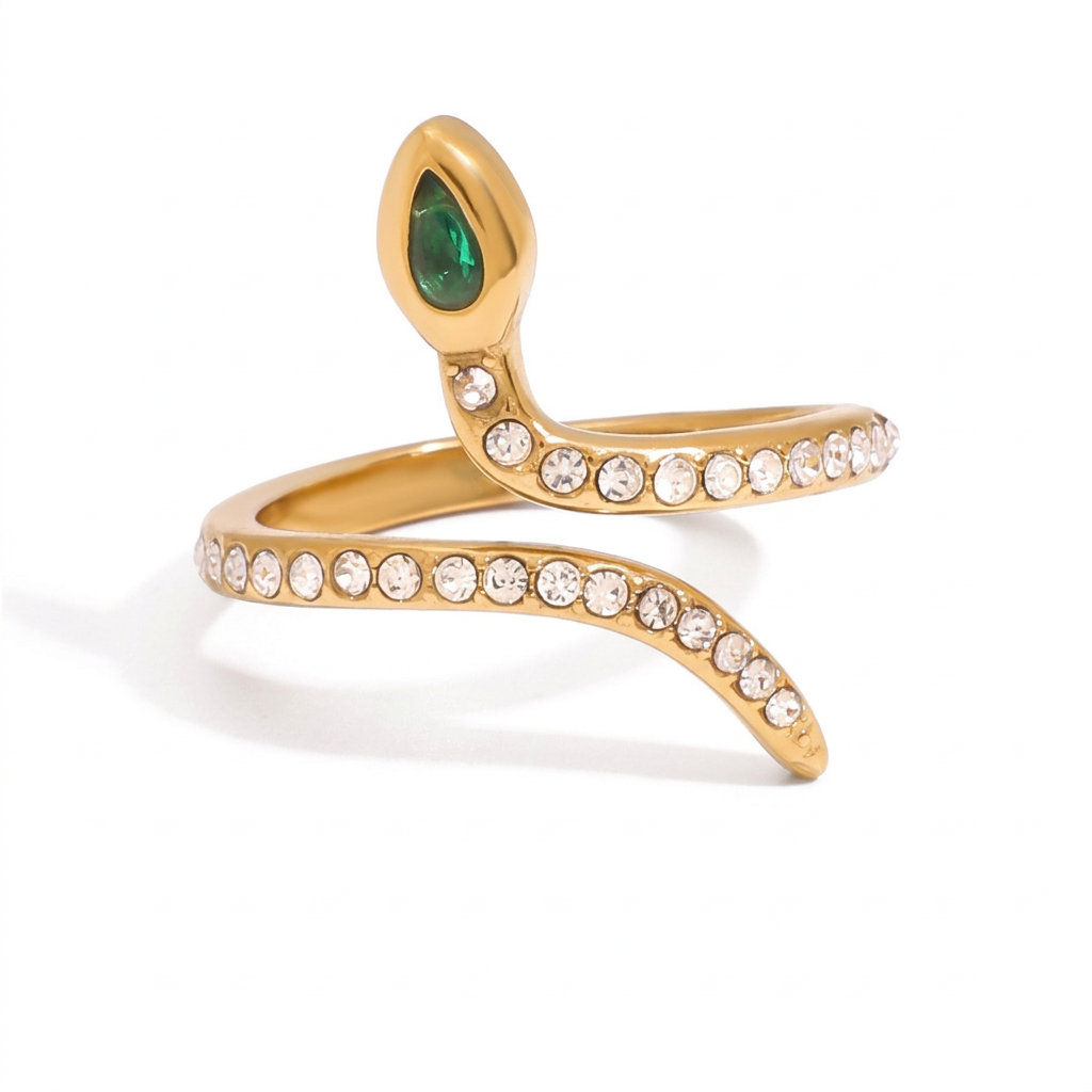 18K Gold Emerald Heiress Cross Snake Statement CZ Cocktail Ring