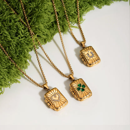 18K Gold Keepsake Heart Book Locket Pendant Box Chain Necklace