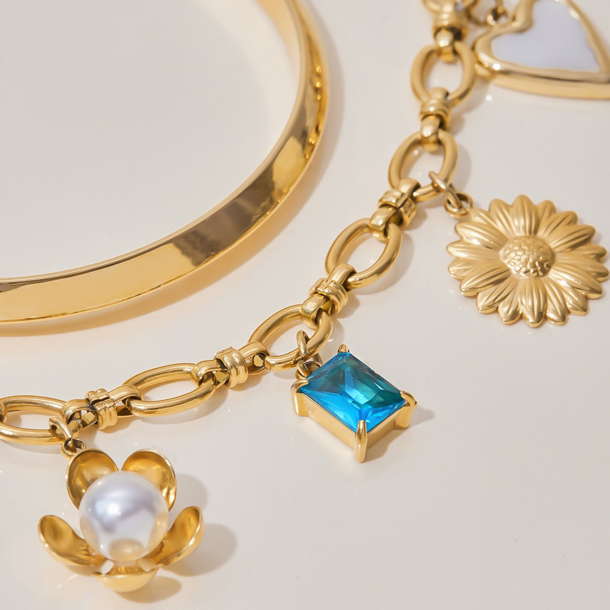 18K Gold Ocean Blue Charm Bracelet Sleek Bangle Stack