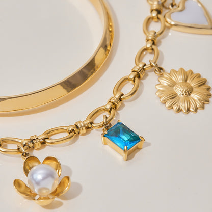 18K Gold Ocean Blue Charm Bracelet Sleek Bangle Stack