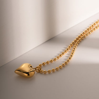 18K Gold Heart Pendant Small Ball Chain Necklace