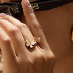 18K Gold Bejeweled Pearl Butterfly Cuff Ring