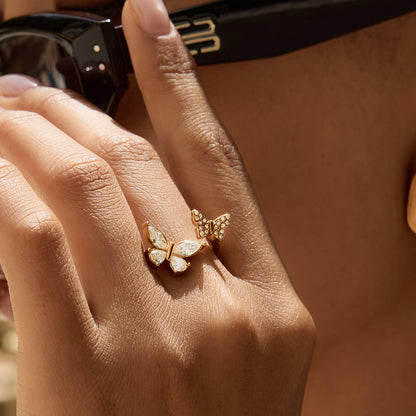 18K Gold Bejeweled Pearl Butterfly Cuff Ring