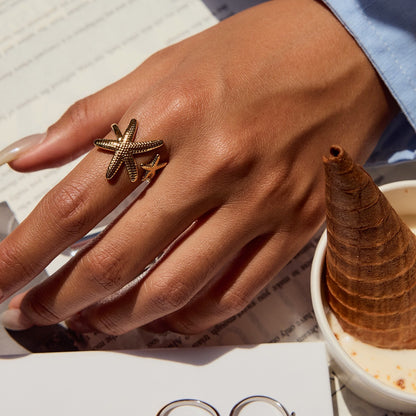 18K Gold and Silver Two Tone Coastal Glow Seashell Starfish Cuff Ring