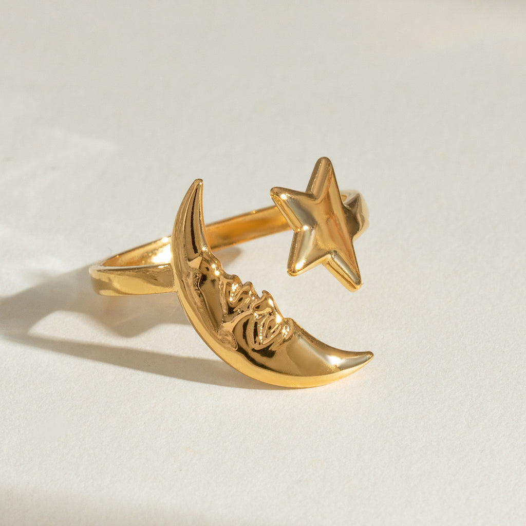 18K Gold Moon And Star Cuff Ring