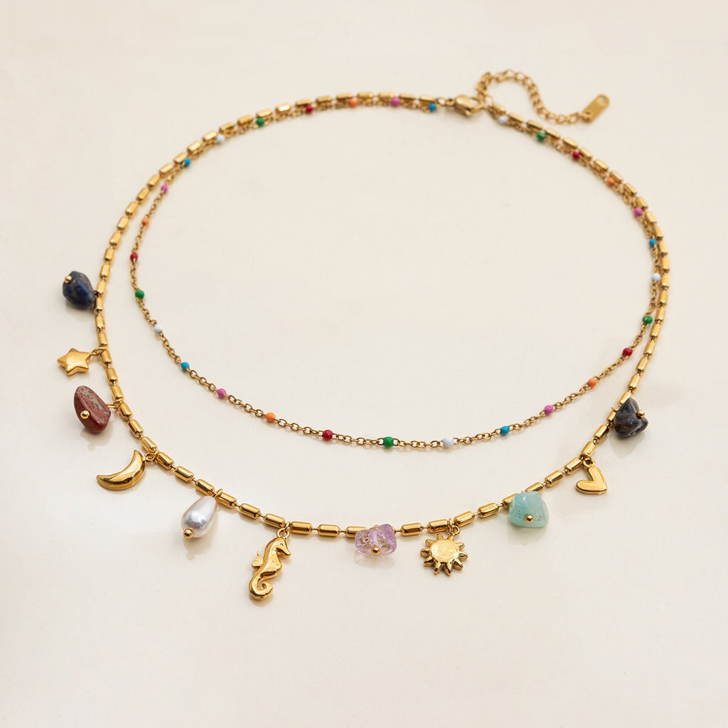 18K Gold Summer Memory Color Charm Double Chain Layered Necklace Set