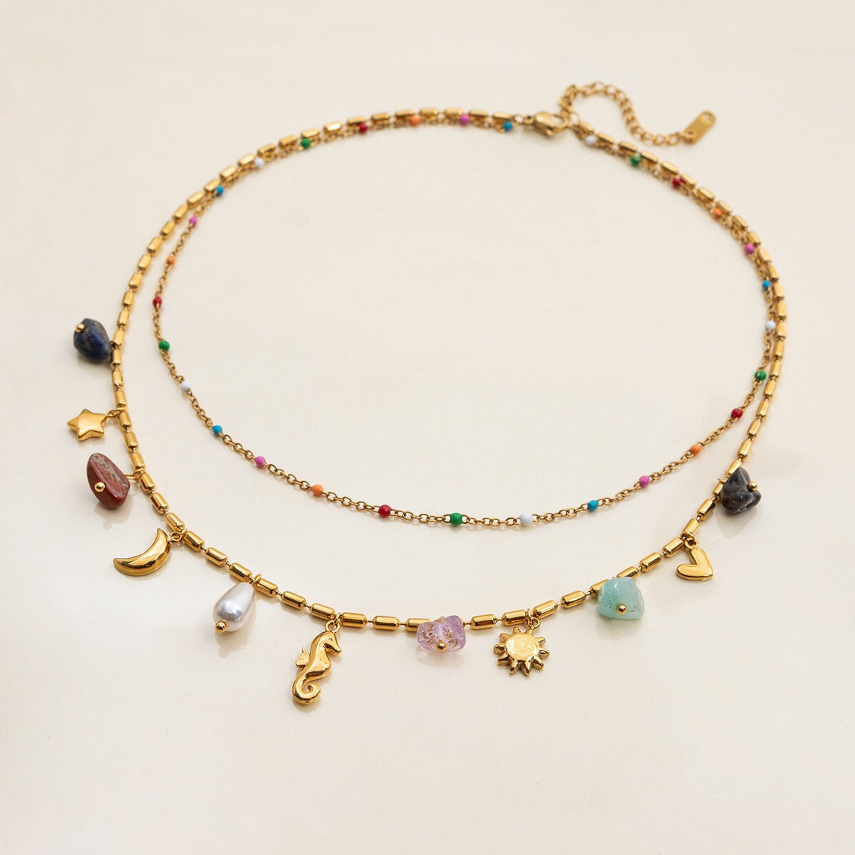 18K Gold Summer Memory Color Charm Double Chain Layered Necklace Set