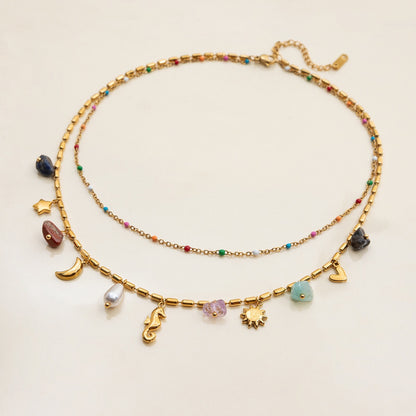 18K Gold Summer Memory Color Charm Double Chain Layered Necklace Set