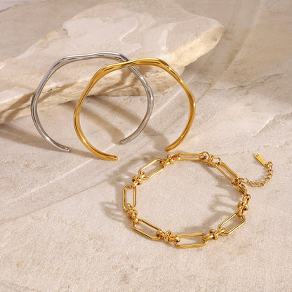 18K Gold Heatwave Paperclip Chain Bracelet Cuff Bangle Stack