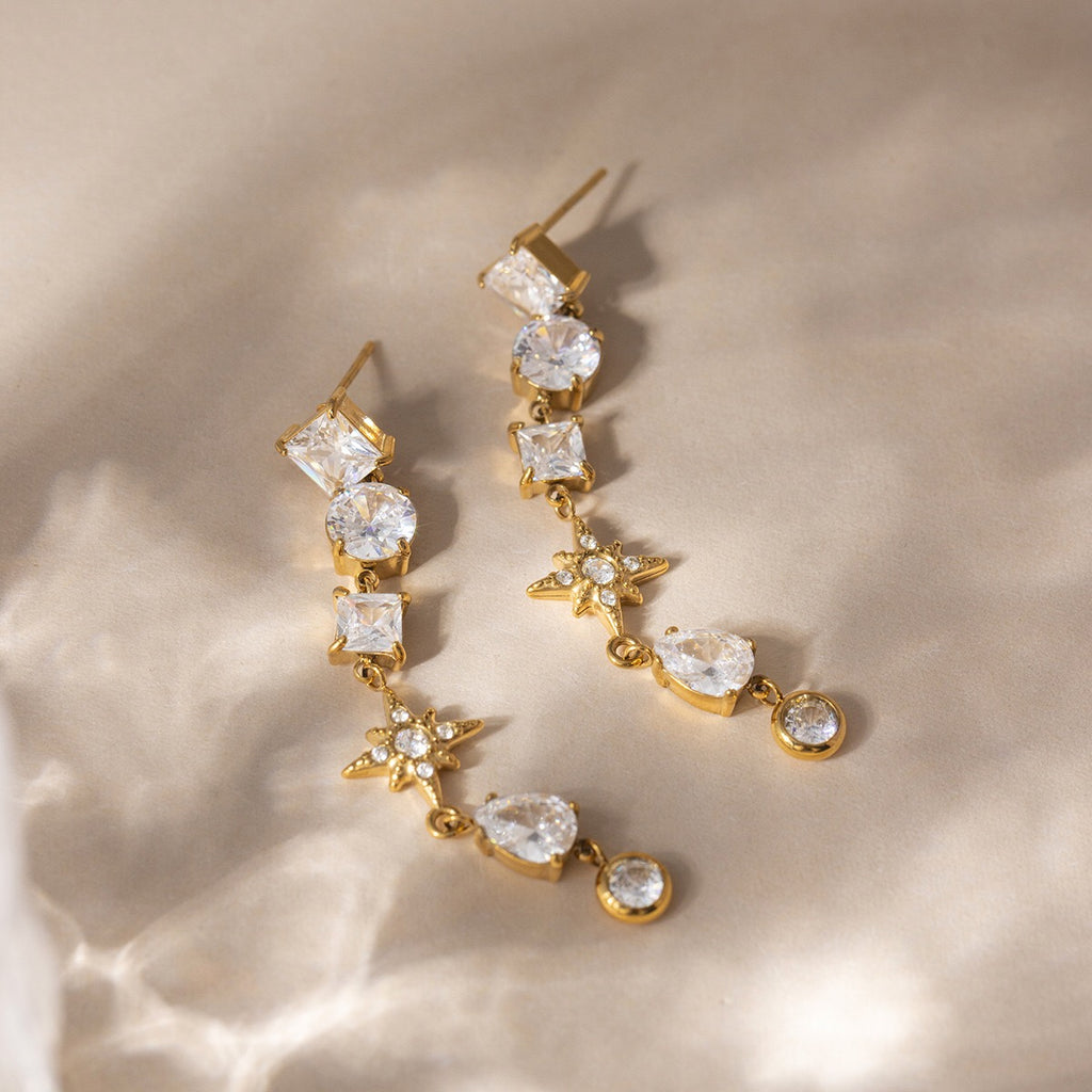 18K Gold Cosmic Cascade Star Statement Drop Earrings