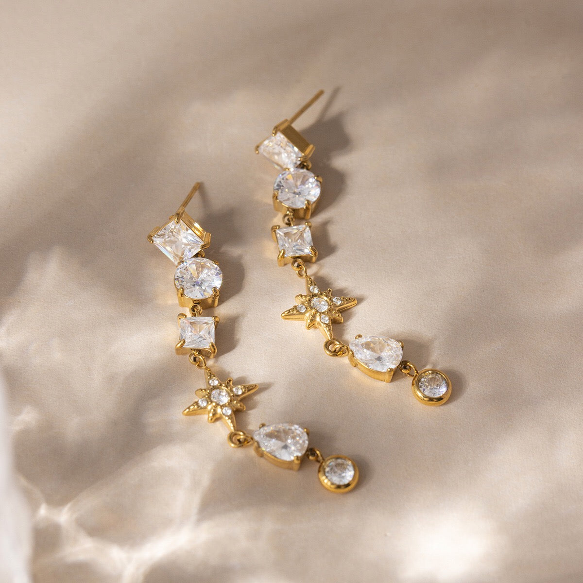 18K Gold Cosmic Cascade Star Statement Drop Earrings