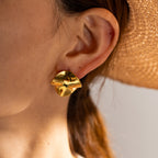 18K Gold Textured Round Plate Statement Stud Earrings