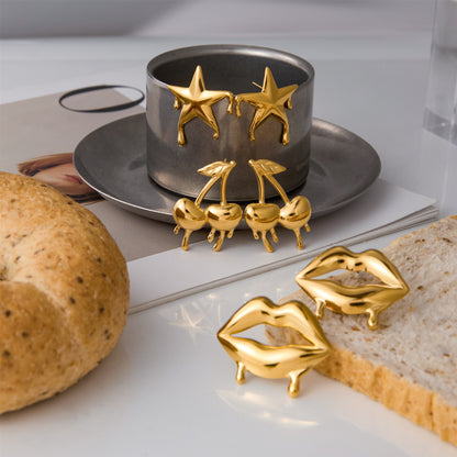 18K Gold Golden Drip Cherry Lips Star Statement Stud Earrings