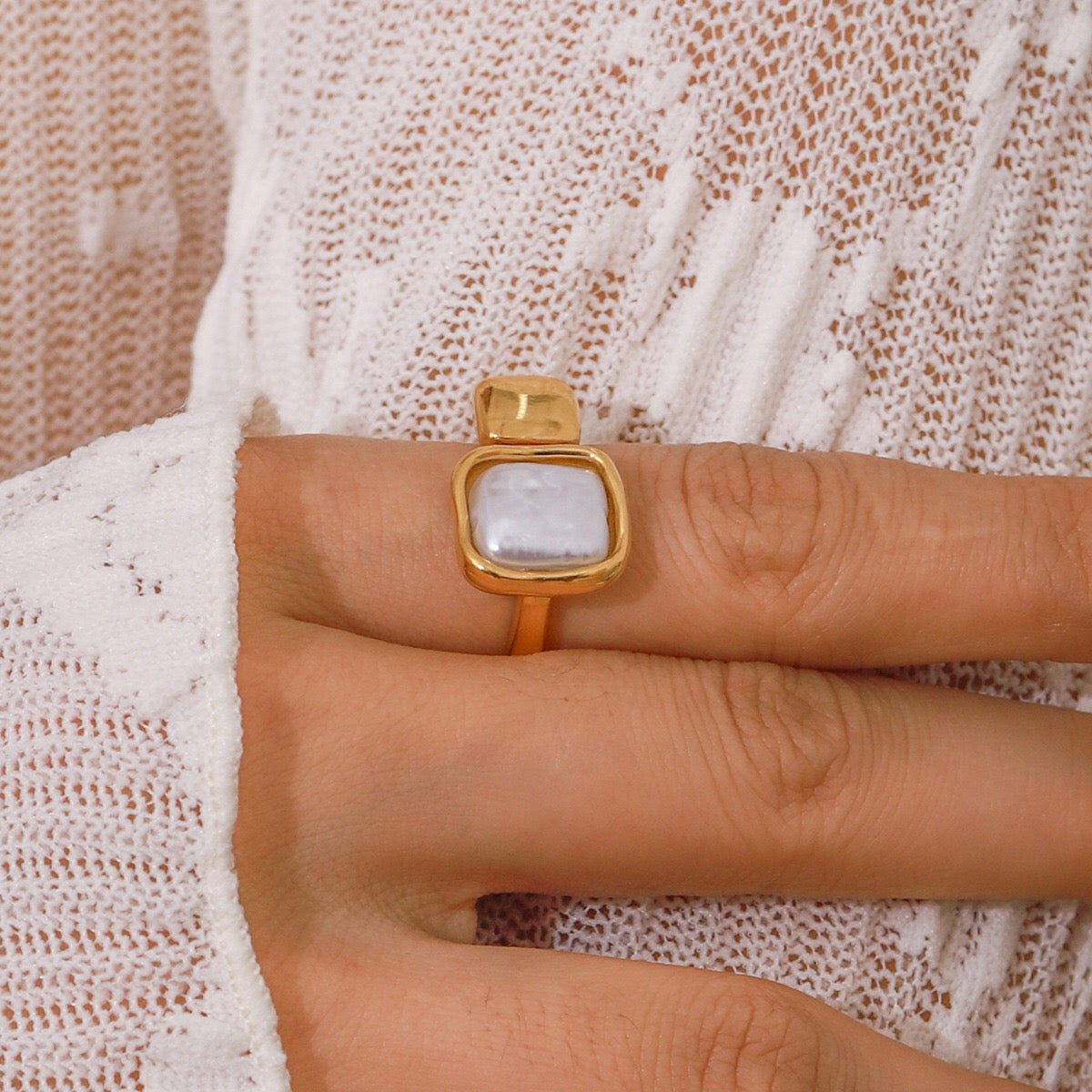 18K Gold Classy Square Pearl Cuff Ring
