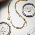 18K Gold Heart Safety Pin Pearl Cuban Curb Chain Necklace