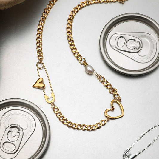 18K Gold Heart Safety Pin Pearl Cuban Curb Chain Necklace