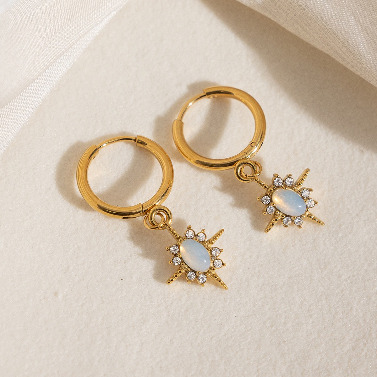 18K Gold Northern Star Opal Small Hoop Dangle Huggie Earrings