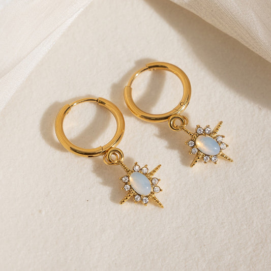 18K Gold Northern Star Opal Small Hoop Dangle Huggie Earrings