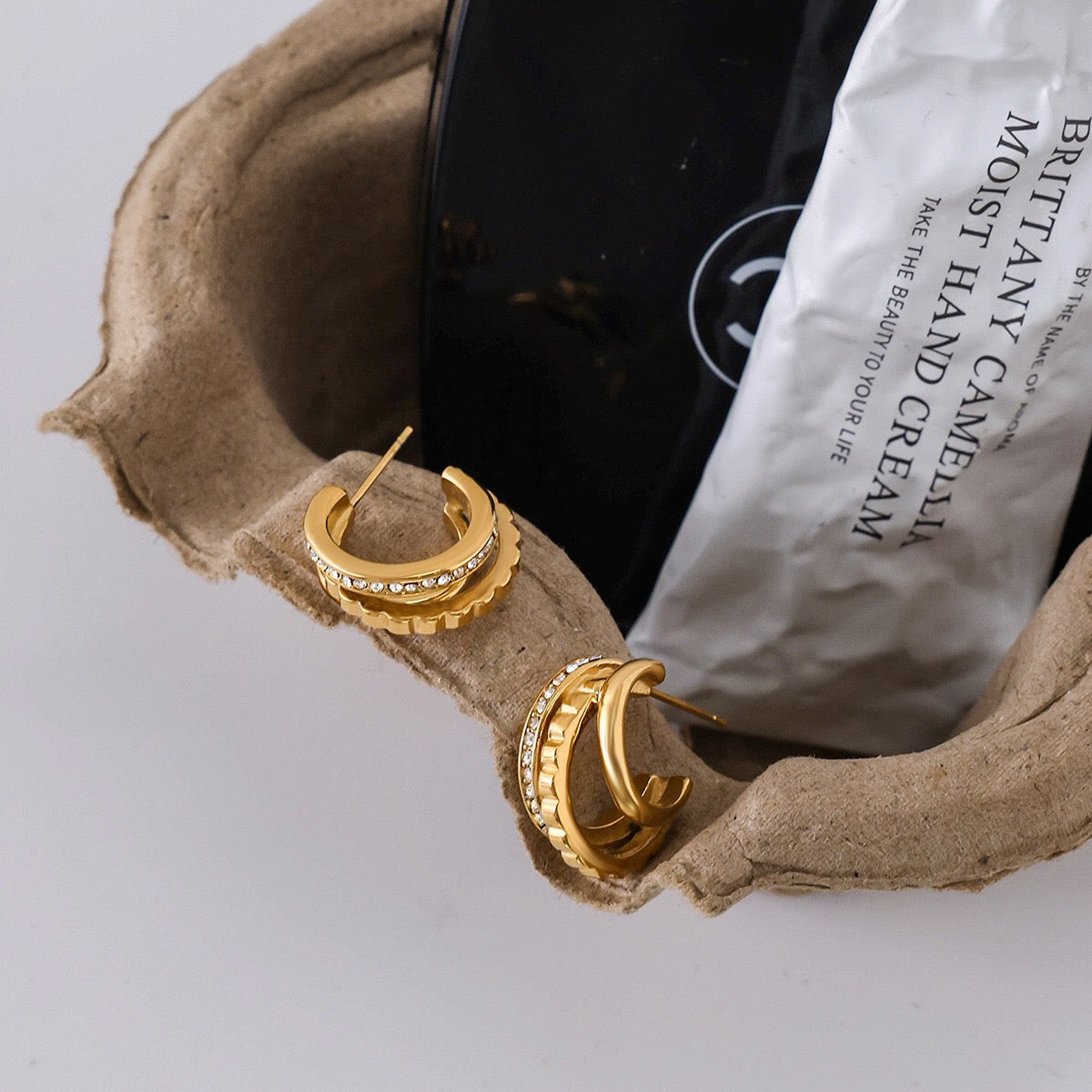 18K Gold Trio Orbit Pave Three Hoops Stud Huggie Earrings