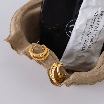 18K Gold Trio Orbit Pave Three Hoops Stud Huggie Earrings