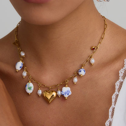 18K Gold Flower Blossom Ceramic Circle Chain Charm Necklace