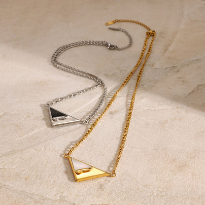 18K Gold Mother of Pearl Triangle Pendant Figaro Chain Necklace