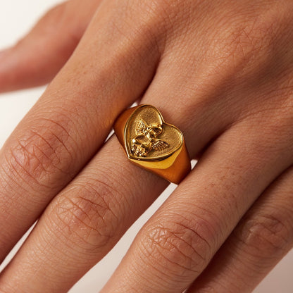 18K Gold Cupid Heart Signet Ring