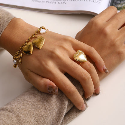 18K Gold Heart Locket Chunky Charm Bracelet