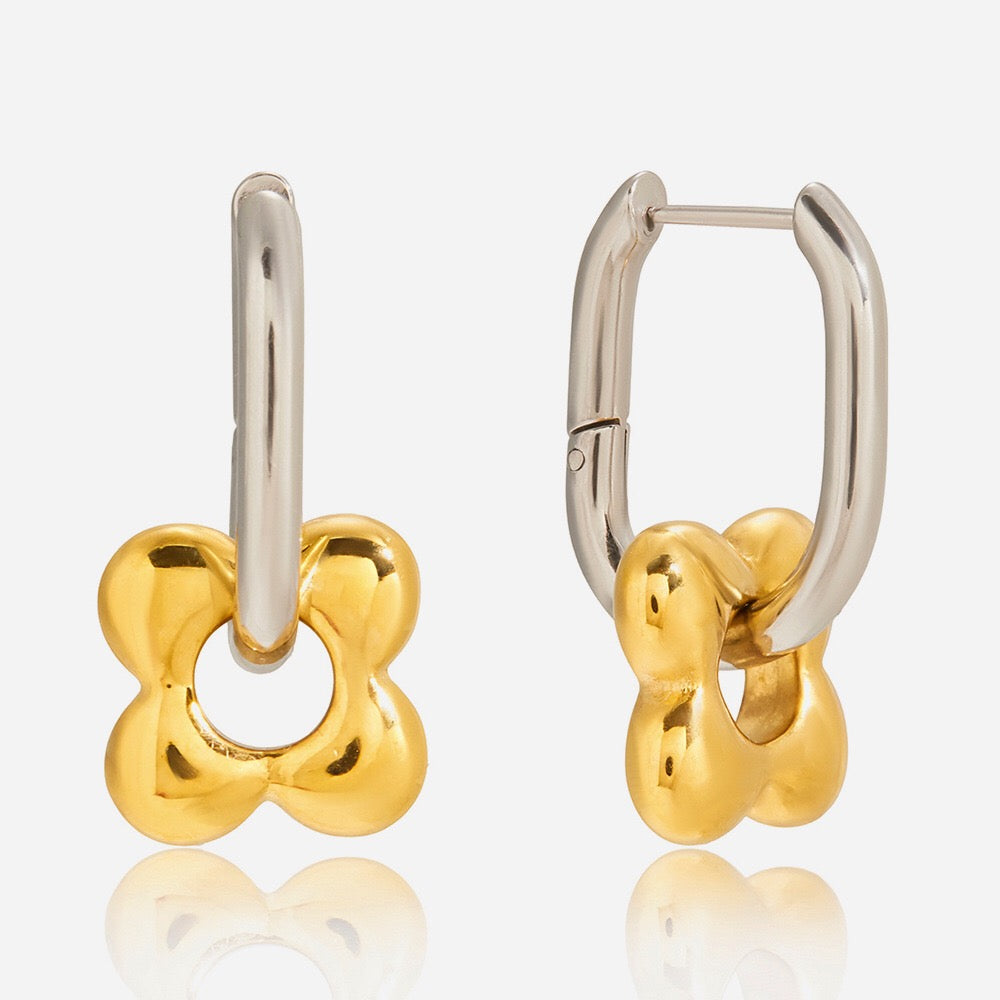 18K Gold and Silver Two Tone Flower Small Hoop Dangle Huggie Earrings