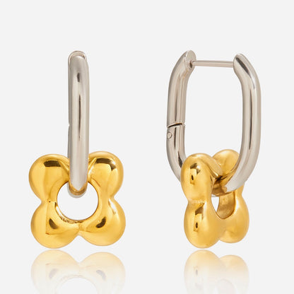 18K Gold and Silver Two Tone Flower Small Hoop Dangle Huggie Earrings