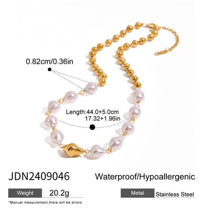18K Gold Chunky Baroque Pearl Ball Chain Beaded Statement Necklace