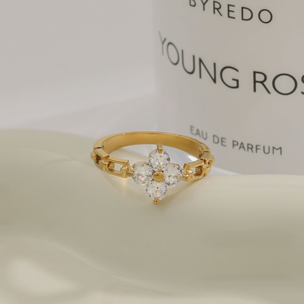 18K Gold Four Leaf Clover Flower Chain Band Stacking Ring