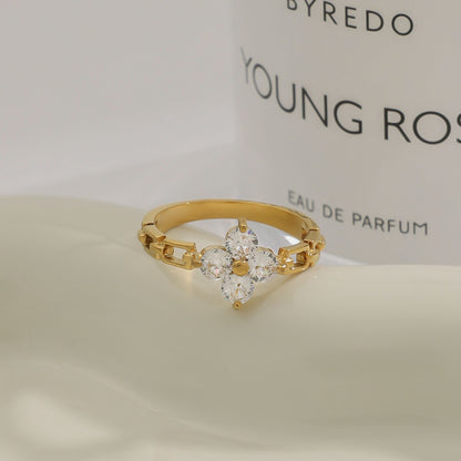 18K Gold Four Leaf Clover Flower Chain Band Stacking Ring