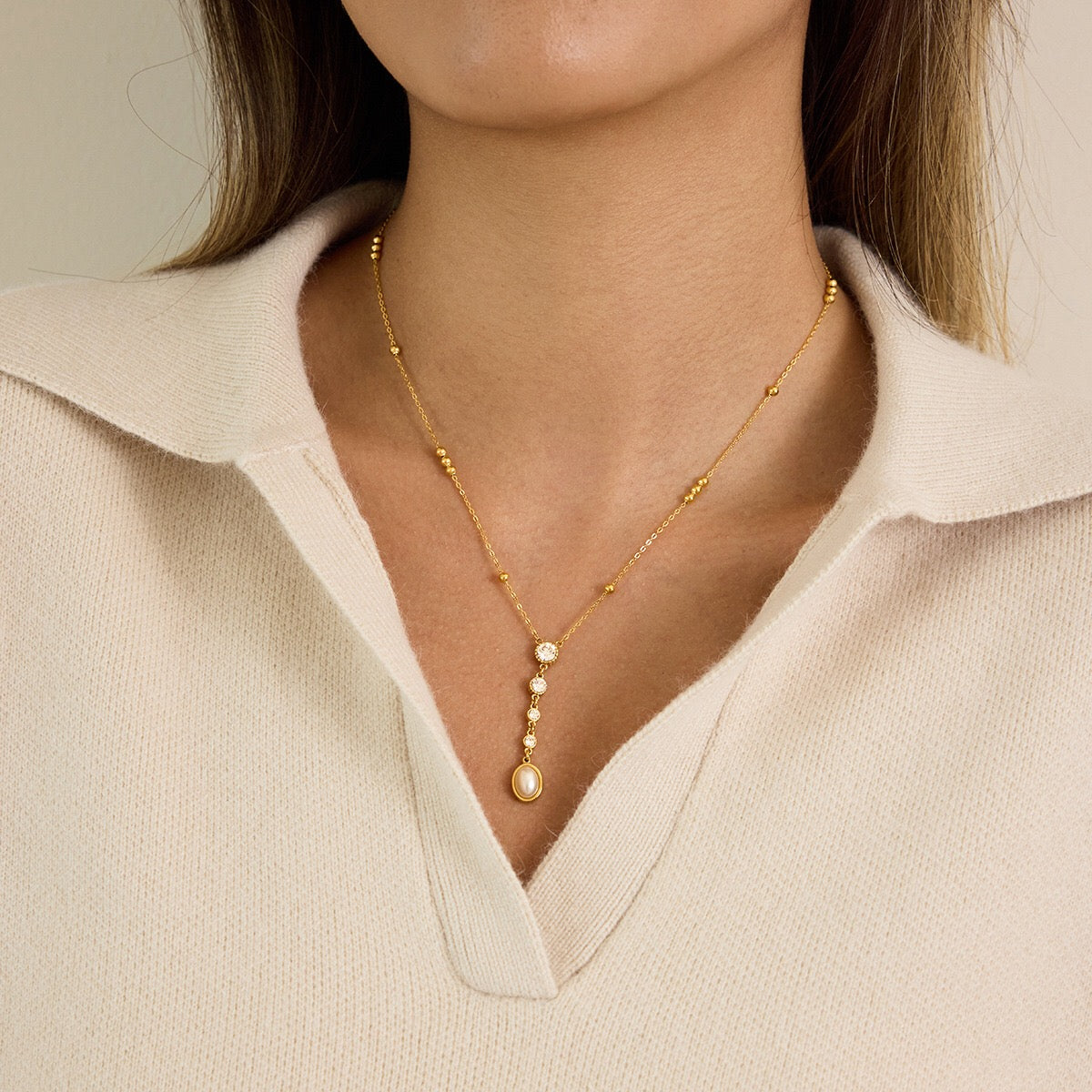 18K Gold Sweet Lumi Pearl Y Shape Lariat Dainty CZ Necklace