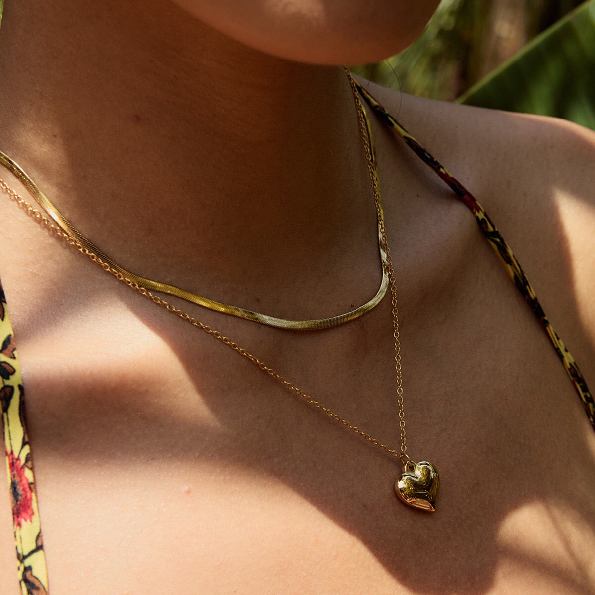 18K Gold Heart Pendant Herringbone Snake Chain Layered Necklace