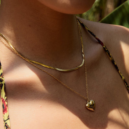 18K Gold Heart Pendant Herringbone Snake Chain Layered Necklace