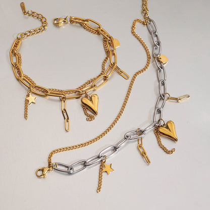 18K Gold Heart Charm Paperclip Chain Bracelet